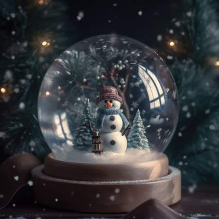 Snowman and trees in christmas snow globe by christmas tree, created using generative ai technology. Christmas, winter season, tradition, decoration and celebration concept digitally generated image.の素材