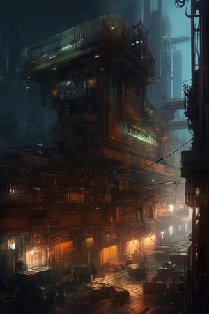 Street view with futuristic buildings at dusk in cityscape, created using generative ai technology. Sci fi, cyberpunk, fantasy architecture and futuristic city concept digitally generated image.の素材