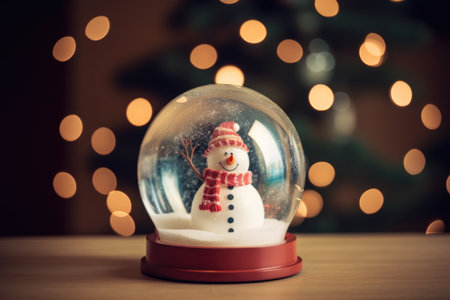 Snowman in christmas snow globe with bokeh lights, created using generative ai technology. Christmas, winter season, tradition, decoration and celebration concept digitally generated image.の素材