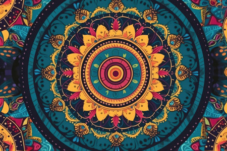 Multicoloured mandala design, created using generative ai technology. Colour, pattern, design, symbol and spirituality concept digitally generated image.の素材