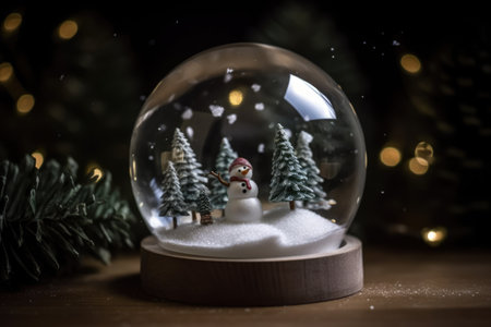 Snowman and trees in christmas snow globe with bokeh lights, created using generative ai technology. Christmas, winter season, tradition, decoration and celebration concept digitally generated image.の素材