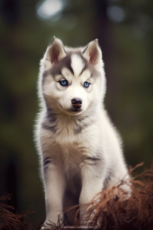 Portrait of cute siberian husky puppy in nature, created using generative ai technology. Animal, puppy, pet and dog concept digitally generated image.の素材