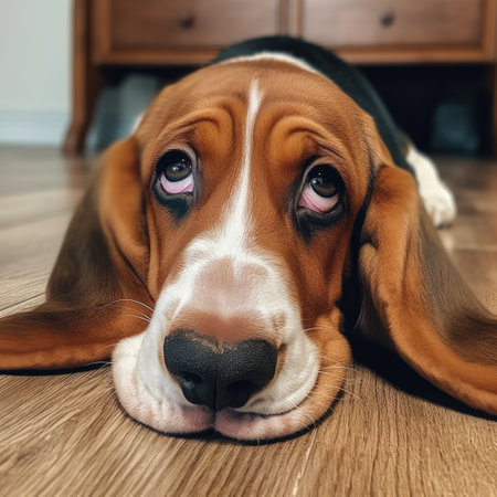 Portrait of cute basset hound lying on wooden floor, created using generative ai technology. Animal, pet and dog concept digitally generated image.の素材