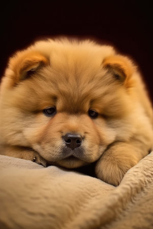 Portrait of cute chow chow puppy lying on blanket, created using generative ai technology. Animal, puppy, pet and dog concept digitally generated image.の素材