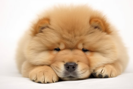 Portrait of cute chow chow puppy on white background, created using generative ai technology. Animal, puppy, pet and dog concept digitally generated image.の素材