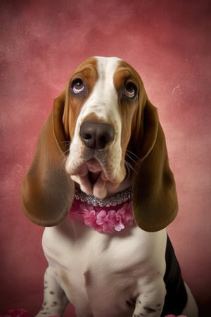 Portrait of cute basset hound on pink background, created using generative ai technology. Animal, pet and dog concept digitally generated image.の素材