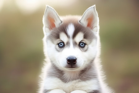 Portrait of cute siberian husky puppy in nature, created using generative ai technology. Animal, puppy, pet and dog concept digitally generated image.の素材