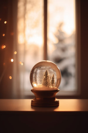 Trees in christmas snow globe with bokeh lights by window, created using generative ai technology. Christmas, winter season, tradition, decoration and celebration concept digitally generated image.の素材