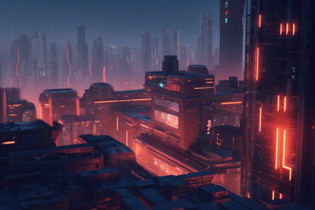 Skyscrapers and red neon lights at night in cityscape, created using generative ai technology. Sci fi, cyberpunk, fantasy architecture and futuristic city concept digitally generated image.の素材