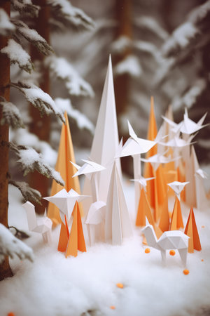 Orange and white origami forest and animals with snow, created using generative ai technology. Nature, seasons, wildlife and paper craft concept digitally generated image.の素材