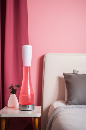 Pink lava lamp on bedside table in bedroom in daylight, created using generative ai technology. Retro, psychedelic, relaxation and interior decoration lamp concept digitally generated image.の素材