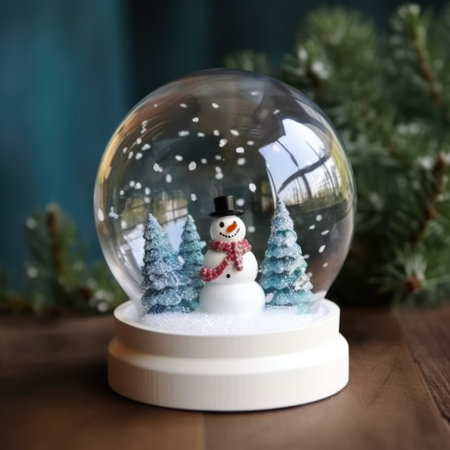Snowman and trees in christmas snow globe by christmas tree, created using generative ai technology. Christmas, winter season, tradition, decoration and celebration concept digitally generated image.の素材