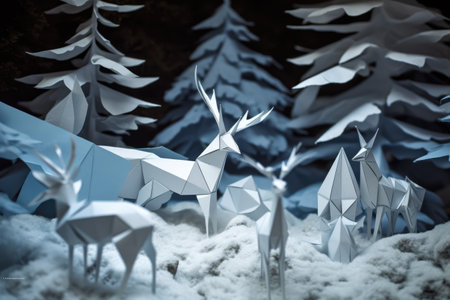 White and blue origami forest and woodland animals with snow, created using generative ai technology. Nature, seasons, wildlife and paper craft concept digitally generated image.の素材