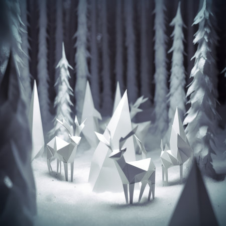 White origami forest and woodland animals in winter at night, created using generative ai technology. Nature, seasons, wildlife and paper craft concept digitally generated image.の素材
