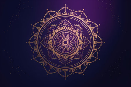 Gold mandala design on blue background, created using generative ai technology. Colour, pattern, design, symbol and spirituality concept digitally generated image.の素材
