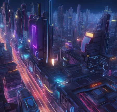 Skyscrapers and purple neon lights at night in cityscape, created using generative ai technology. Sci fi, cyberpunk, fantasy architecture and futuristic city concept digitally generated image.の素材