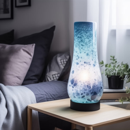 Blue lava lamp on bedside table in bedroom in daylight, created using generative ai technology. Retro, psychedelic, relaxation and interior decoration lamp concept digitally generated image.の素材