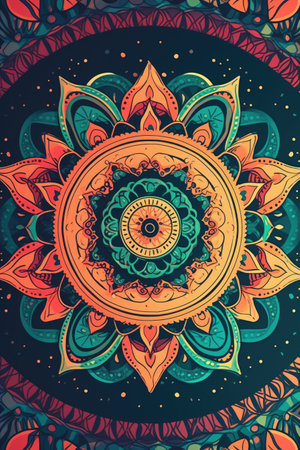 Multicoloured mandala design, created using generative ai technology. Colour, pattern, design, symbol and spirituality concept digitally generated image.の素材