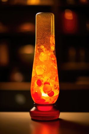 Orange and red lava lamp on table in dark room at night, created using generative ai technology. Retro, psychedelic, relaxation and interior decoration lamp concept digitally generated image.の素材