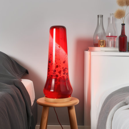 Red lava lamp on bedside table in bedroom in daylight, created using generative ai technology. Retro, psychedelic, relaxation and interior decoration lamp concept digitally generated image.の素材