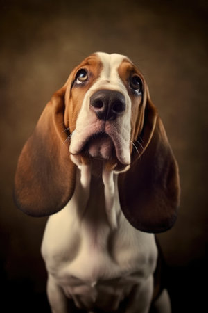 Portrait of cute basset hound on dark background, created using generative ai technology. Animal, pet and dog concept digitally generated image.の素材