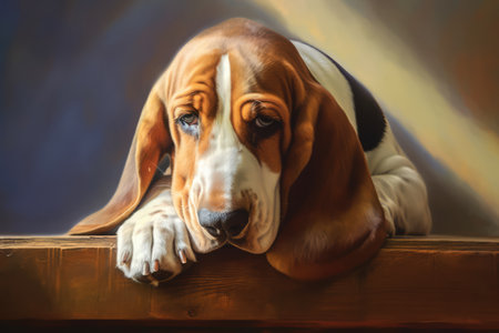 Portrait of cute basset hound lying on wood, created using generative ai technology. Animal, pet and dog concept digitally generated image.の素材