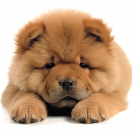 Portrait of cute chow chow puppy on white background, created using generative ai technology. Animal, puppy, pet and dog concept digitally generated image.の素材