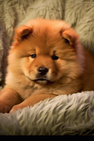 Portrait of cute chow chow puppy lying on rug, created using generative ai technology. Animal, puppy, pet and dog concept digitally generated image.の素材