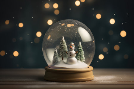 Snowman and trees in christmas snow globe with bokeh lights, created using generative ai technology. Christmas, winter season, tradition, decoration and celebration concept digitally generated image.の素材