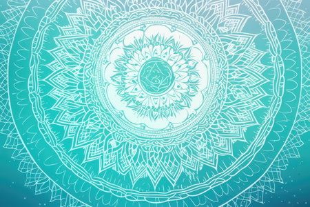 White mandala design on blue background, created using generative ai technology. Colour, pattern, design, symbol and spirituality concept digitally generated image.の素材