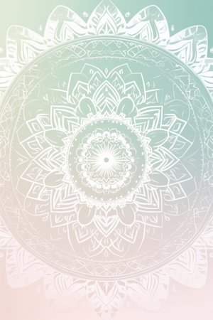 White mandala design on blue and pink background, created using generative ai technology. Colour, pattern, design, symbol and spirituality concept digitally generated image.の素材