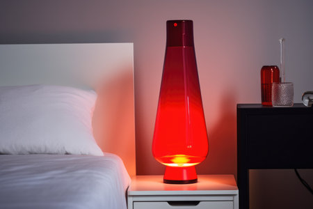 Red lava lamp on bedside table in bedroom at night, created using generative ai technology. Retro, psychedelic, relaxation and interior decoration lamp concept digitally generated image.の素材