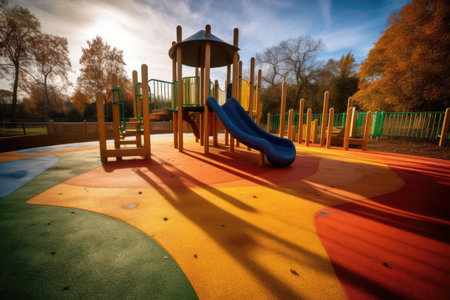 Colourful children's playground in park, created using generative ai technology. Playground, childhood and outdoor activity concept digitally generated image.の素材