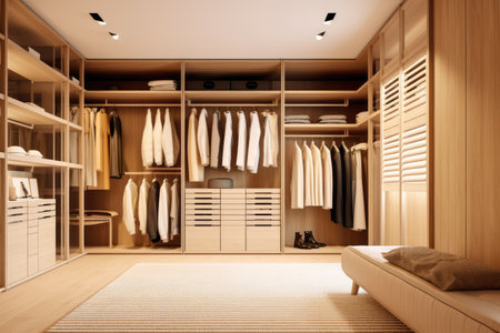 Modern light walk in wardrobe with window, created using generative ai technology. Interior design, home decor and clothes storage concept digitally generated image.の素材