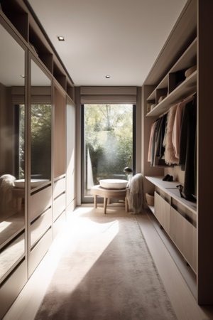 Modern light walk in wardrobe with window, created using generative ai technology. Interior design, home decor and clothes storage concept digitally generated image.の素材