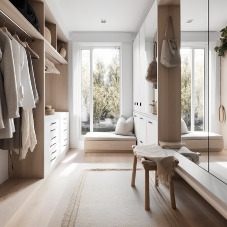 Modern light walk in wardrobe with window, created using generative ai technology. Interior design, home decor and clothes storage concept digitally generated image.の素材