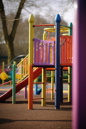 Colourful children's playground in park, created using generative ai technology. Playground, childhood and outdoor activity concept digitally generated image.の素材