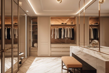 Modern light walk in wardrobe with mirrors, created using generative ai technology. Interior design, home decor and clothes storage concept digitally generated image.の素材