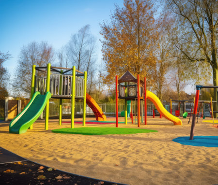 Colourful children's playground in park, created using generative ai technology. Playground, childhood and outdoor activity concept digitally generated image.の素材