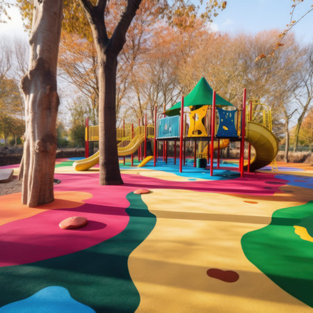 Colourful children's playground in park, created using generative ai technology. Playground, childhood and outdoor activity concept digitally generated image.の素材