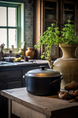 Pot on a counter with rustic kitchen in the background, created using generative ai technologyの素材