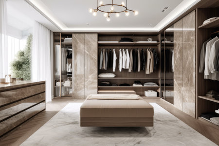 Modern light walk in wardrobe with window, created using generative ai technology. Interior design, home decor and clothes storage concept digitally generated image.の素材