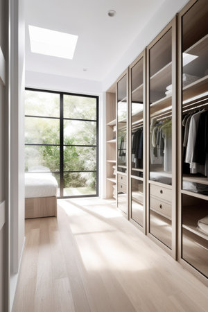 Modern light walk in wardrobe with window and skylight, created using generative ai technology. Interior design, home decor and clothes storage concept digitally generated image.の素材