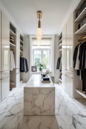 Modern light walk in wardrobe with window, created using generative ai technology. Interior design, home decor and clothes storage concept digitally generated image.の素材