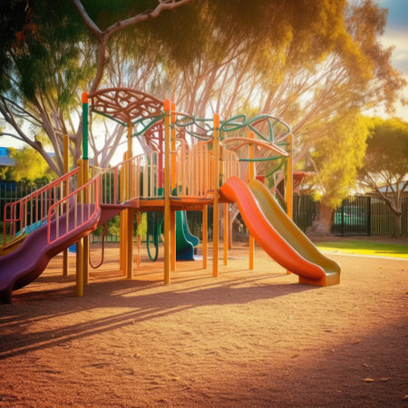 Colourful children's playground in park, created using generative ai technology. Playground, childhood and outdoor activity concept digitally generated image.の素材