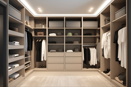 Modern light walk in wardrobe, created using generative ai technology. Interior design, home decor and clothes storage concept digitally generated image.の素材