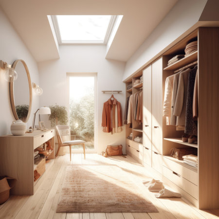 Modern light walk in wardrobe with window and skylight, created using generative ai technology. Interior design, home decor and clothes storage concept digitally generated image.の素材