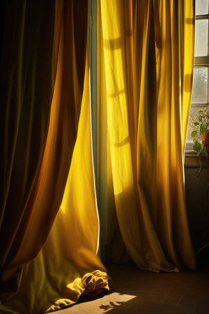 Yellow curtains hanging in room with window, created using generative ai technology. Interior design, home decor and fabric concept digitally generated image.の素材