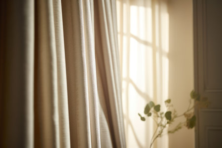 Beige curtains hanging in room with window, created using generative ai technology. Interior design, home decor and fabric concept digitally generated image.の素材