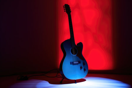 Acoustic guitar in a dark room, created using generative ai technologyの素材